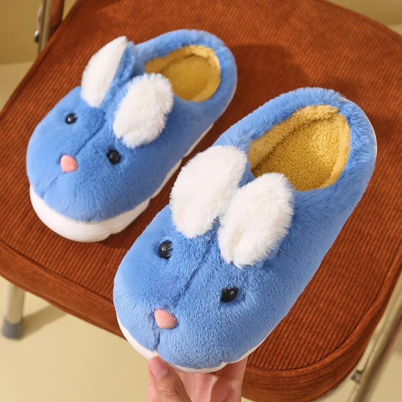 Kids'Slippers Plush Rabbit Fluffy Suede Winter Shoes For Children Anti-slip Thick Bottom Home Slipper Blue Pink Size 30-35