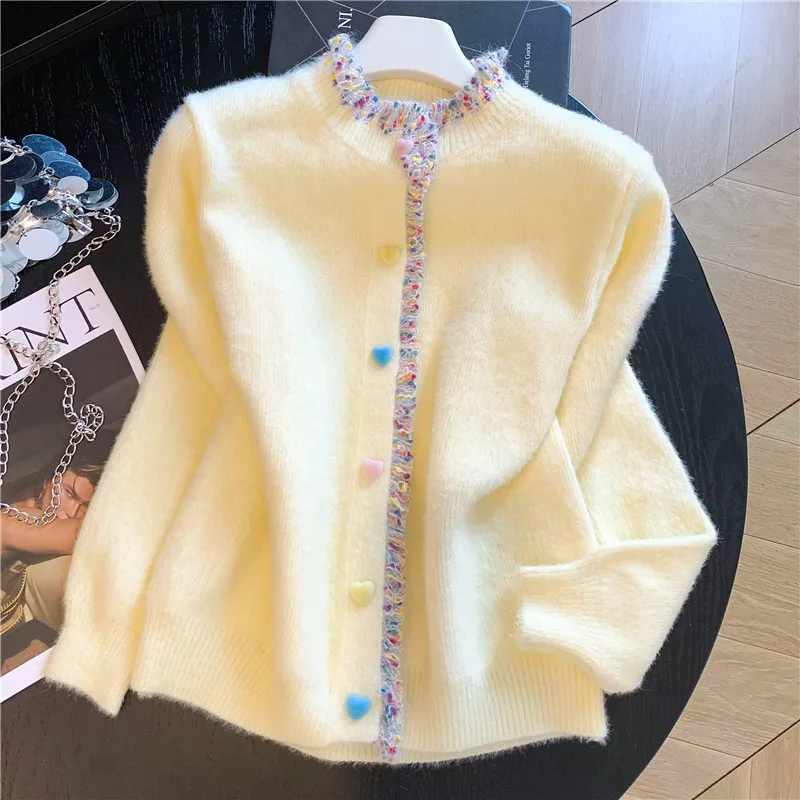 Korean Contrast Color Soft Short Knit Cardigan Jacket Beige Yellow Purple Round Neck Long Sleeve Autumn Women Knitwear Sweater