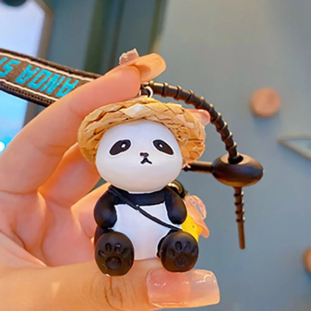 Cartoon Straw Hat Panda keychain Anti-lost Creative Animal Car KeyChain Resins and alloy Kawaii Doll Keychain Birthday