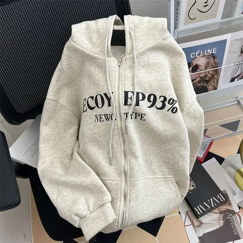 Fashion Korean personality simple college lazy double layer sweatshirt winter American women cardigan zipper couple jacket top