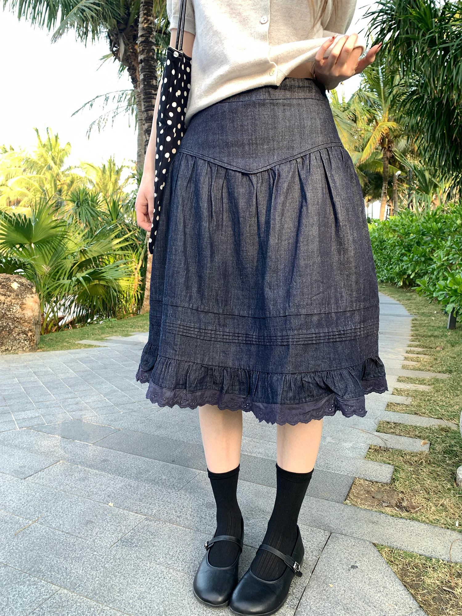 

High Waist Cotton Linen Denim Skirt Women's A-Line f-length Lace Trim Vintage Sle Blue Jeans Skirts Spring 2026 New