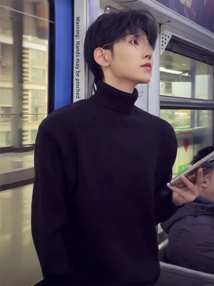 

Мужской вязаный свитер с высоким воротником и флисовой подкладкой, теплый базовый слой, повседневный свободный крой, удобный, мягкий, зимний топ