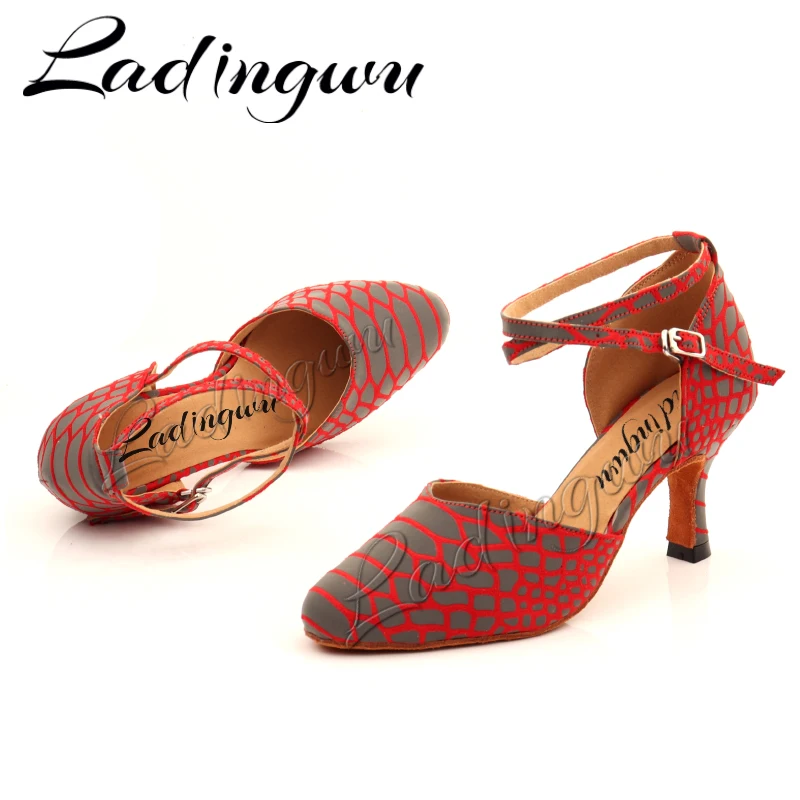 Ladingwu Women's Python Texture Suede Ballroom Dance Shoes Baotou Latin Snake Dance Footwear in Red Black Grey Options