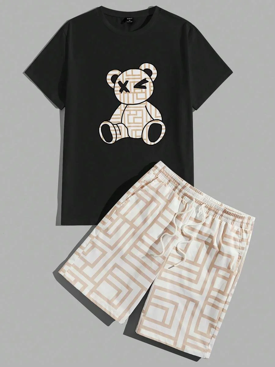 Summer men's set, spring and summer set, fashionable lines, teddy bear print, round neck short sleeved T-shirt, men's drawstring