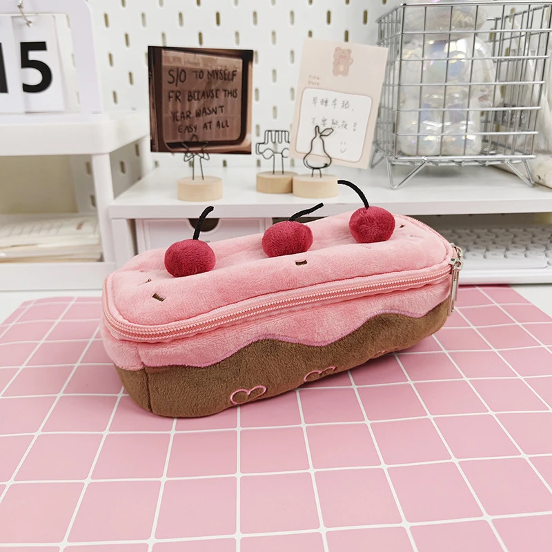 Cute Plush Cherry Cake Pen Bag Exquisite Storage Large Capacity Student Stationery Bag Korean Stationery Pencil Pouch