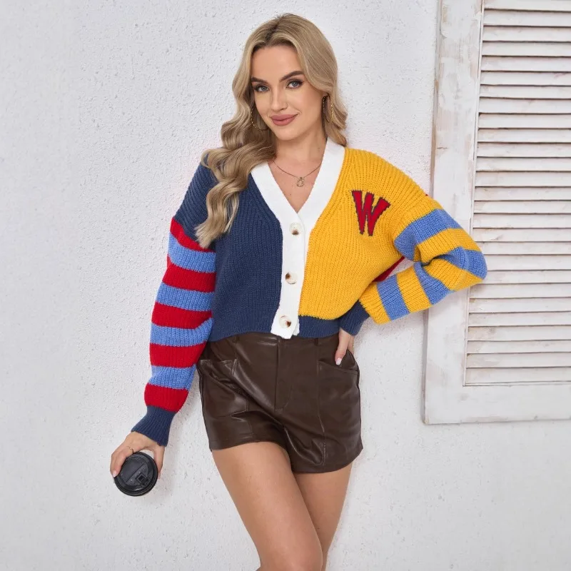 

European Women's Clothing New Fashionable Casual Wear Colorful Letters Cardigan Striped Contrast Color Short-sleeved Long Coat