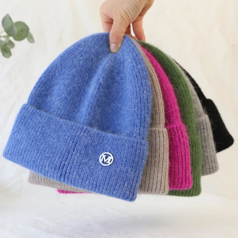 2025 Fluffy Angora Hat Rabbit Fur Warm Winter hat For Womans Cashmere Wool Soft Beanies Blue Knitted Hat Outdoor Ski Female