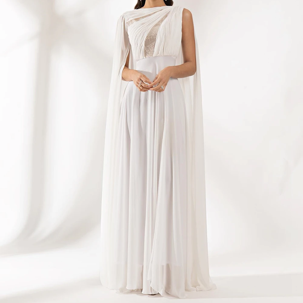 Customized Chiffon Straight Cap Sleeve Crystal Evening Dress Floor Length O-neck Sleeveless Watteau Train White Exquisite