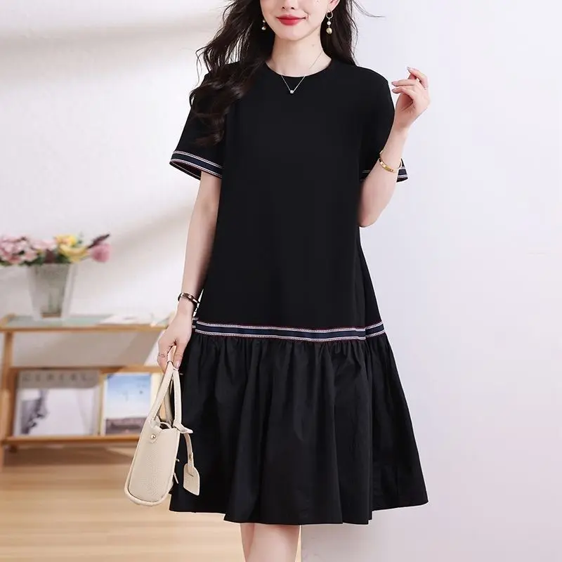 2024 New Fashion All-match Short Sleeve Dresses Ladies Pleated O-neck Women\'s Clothing Summer Elegant Pullovers A-line Skirt