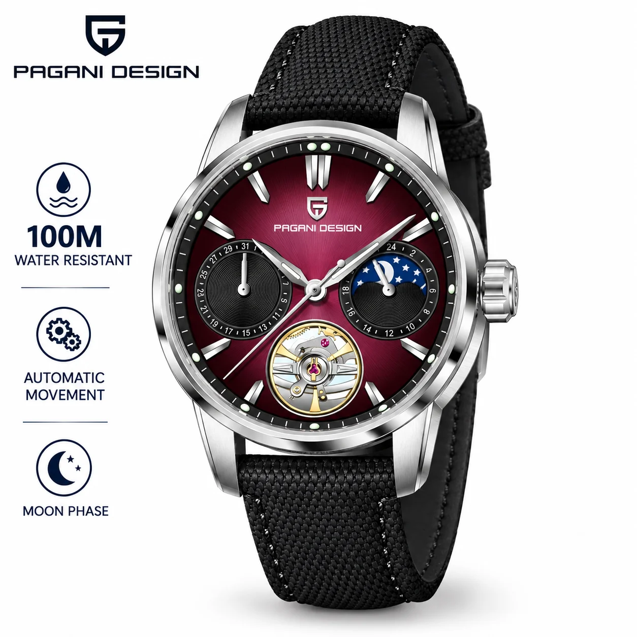 PAGANI DESIGN Men's Automatic Mechanical Watch, PD-YS021 Shows Low-Key Luxury, Classic Hollow Shape, 100 Meters Waterproof.