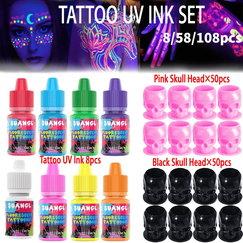 8pcs Color 5ML Tattoo UV Ink Set Skull Color Cup 50/100pcs 8 Color Makeup Painting Fluorescent Ink Makeup Painting Enthusiasts