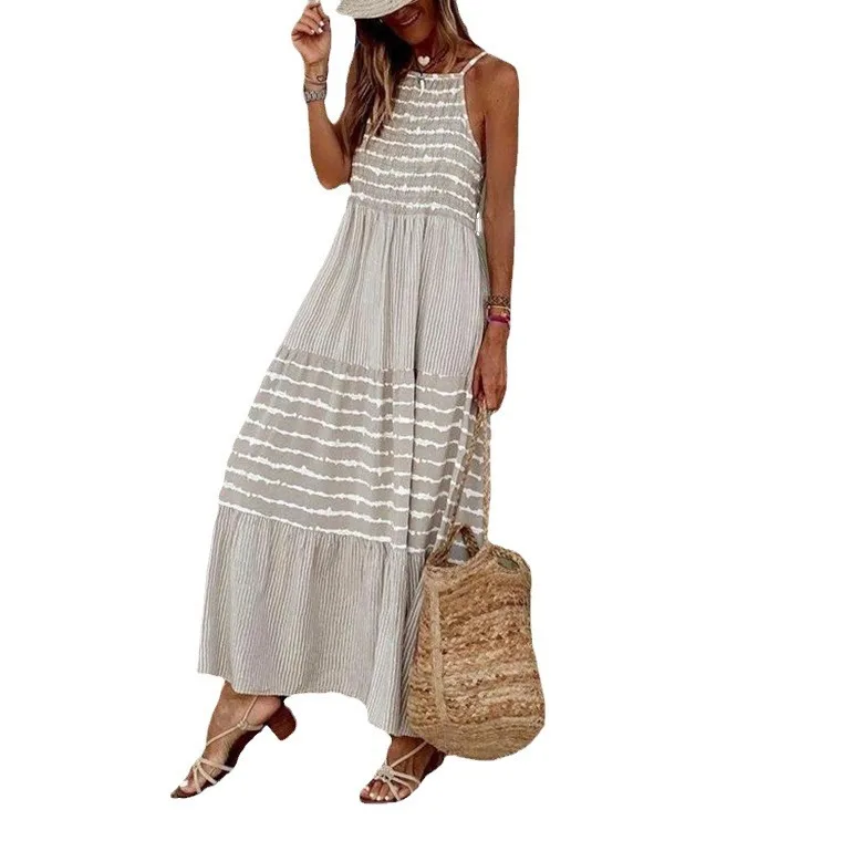 Maxi Long Dress Women Mom Boho Round Neck Sling Dresses Striped Sleeveless Loose Summer Streetwear Print Loose Casual Vestidos