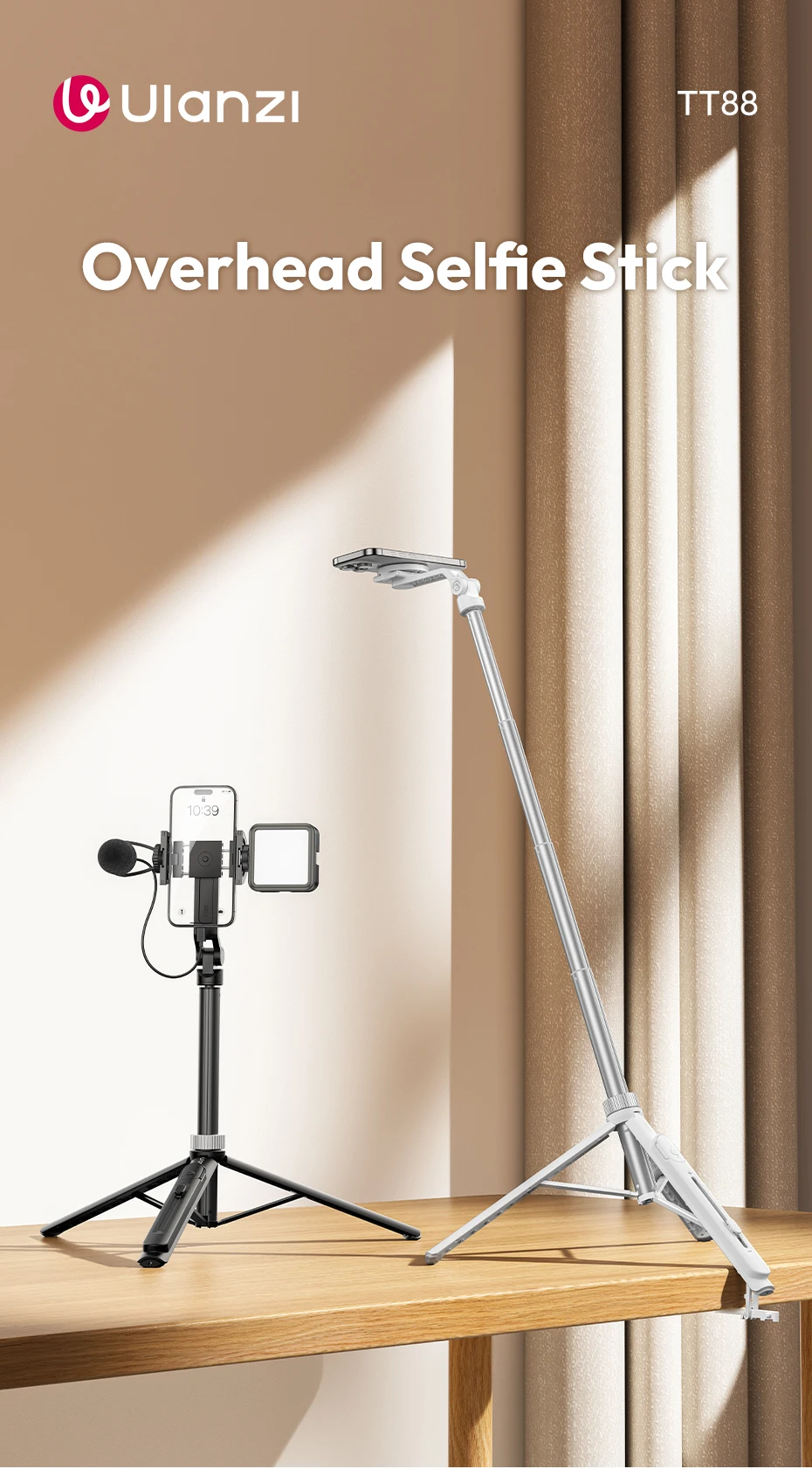 Ulanzi TT88 Overhead-Selfie-Stick 1,44 m mit MagSafe-Klemme, Fotografie-Stativ für Smartphone-Livestreaming und Vlogging mit Fernbedienung, Dual Cold Shoe, Fernbedienungslicht, Desktop-Aufnahme, Mantis-Halterung – Detail 1