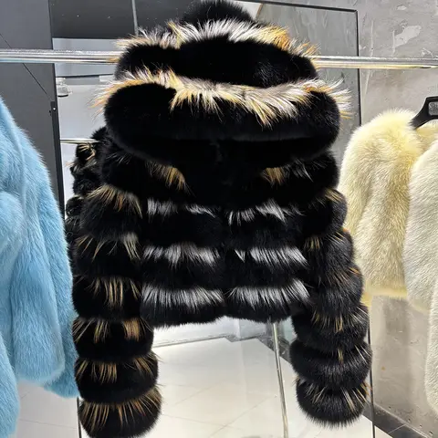 YOLOAgain Real Fox Fur Jacket Women Hooded Natural Fox Fur Crop Top Jacket Outerwear