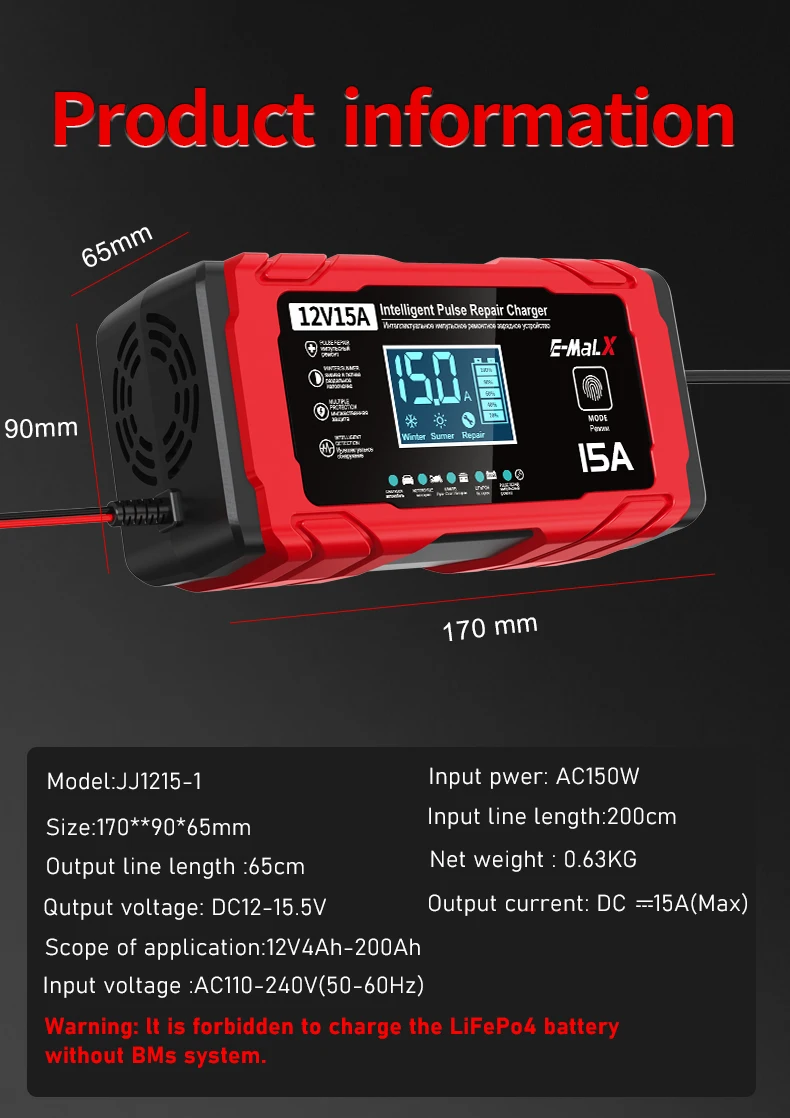 12V 15A 8A Auto- und Motorrad-Smart-Batterieladegerät für Lifepo4 Blei-Säure AGM Digital-Touchscreen Lithium-Eisenphosphat-Ladegerät – Detail 35