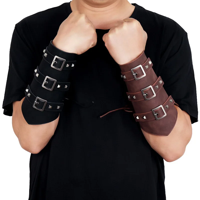 Unissex couro gauntlet largo braço armadura pulseira protetor manguito corda steampunk pulseira fivela braceletes cosplay prop decoração