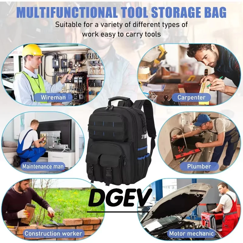 د ‌ حقيبة ظهر GEV متعددة الوظائف مقاومة للماء مع أشرطة كتف مبطنة وحقيبة تنظيم قابلة للإزالة وحقيبة عمل سباك كهربائي