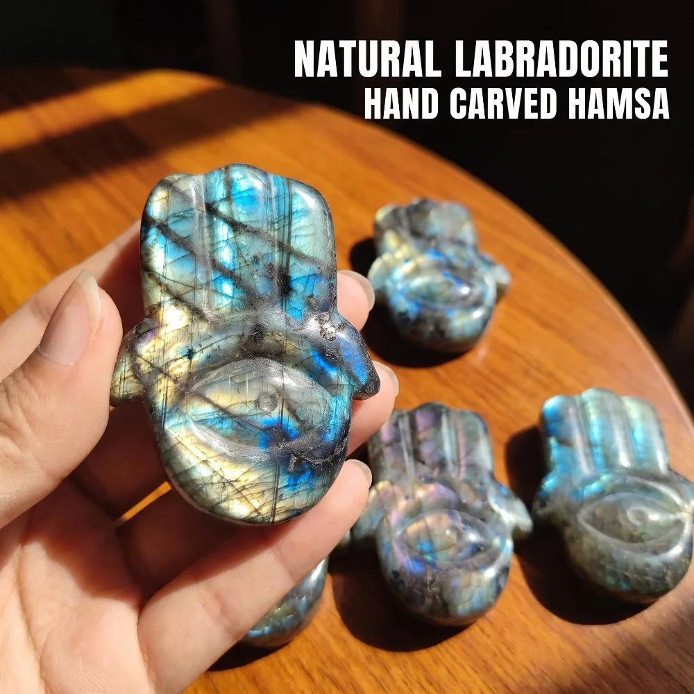 Natural Labradorite Hamsa Hand Evil Eye Statue Fatima Crystal Sculpture Polished Ornament Home Decoration Crystal Craft Gift