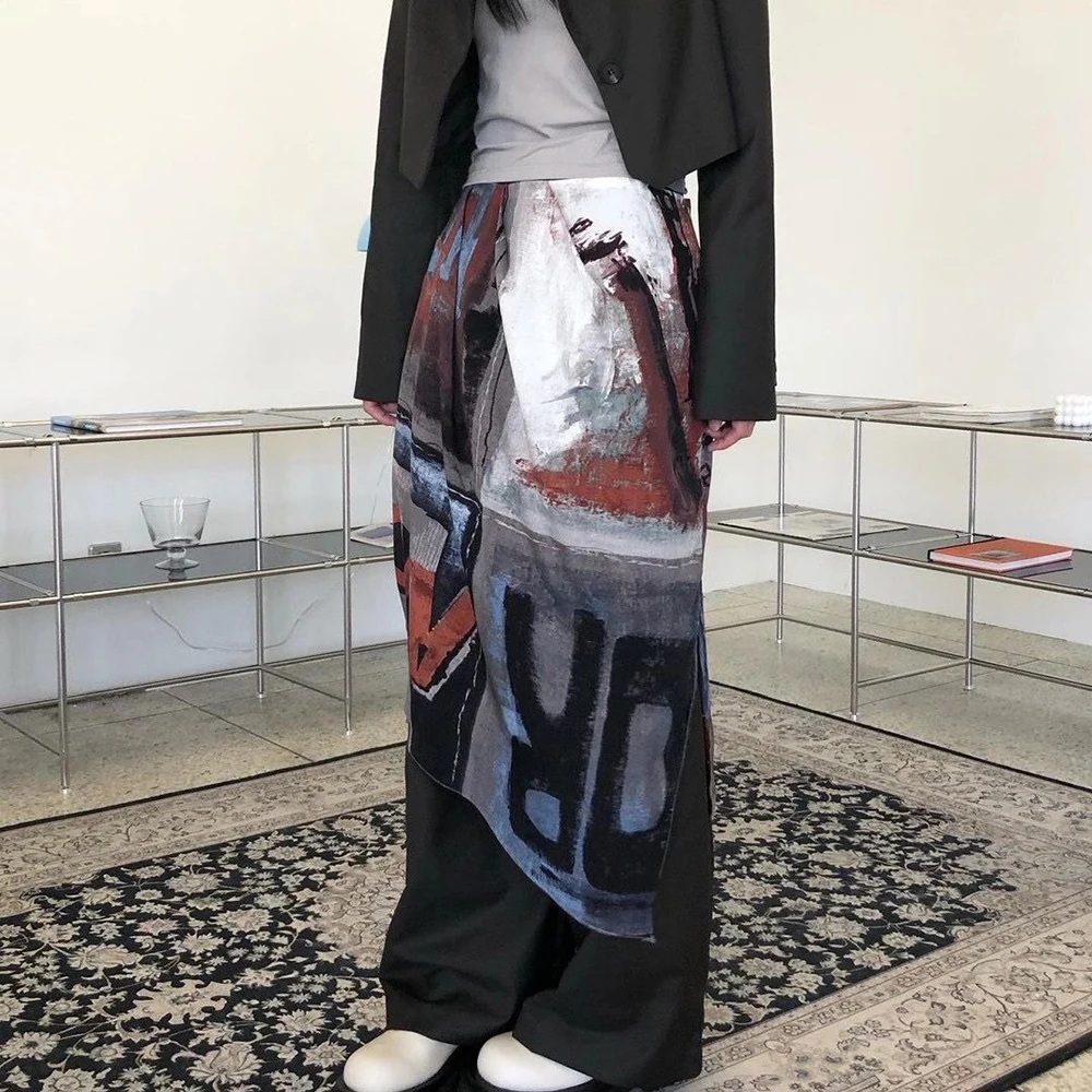 High Street Retro Abstract Oil Painting Tie-Dye Printed Skirt Men's Summer Tide Brand Niche Slit Design Irregular Neutral Skirt