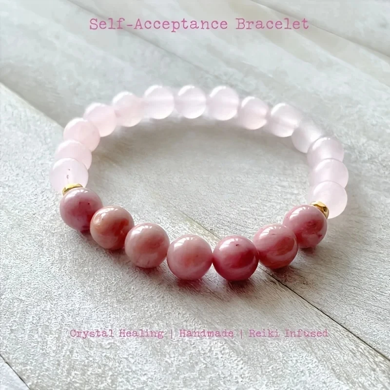 1pc/I Deserve Self-Acceptance Bracelet Boho Handmade Gift Rose Quartz and Rhodonite Stress Relief and Healing Jewelry Gift