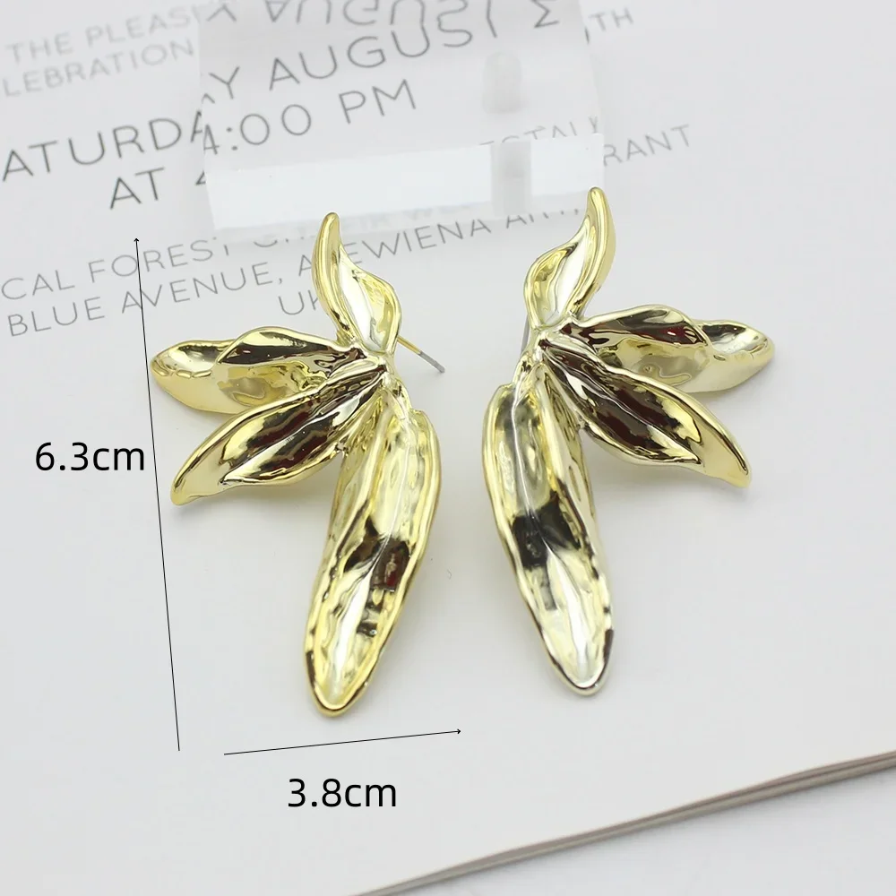 Irregular Big Petal Flower Golden Drop Earrings for Women Simple Exaggerated Temperament CCB Smooth Creative Jewelry Girl Gift image 4