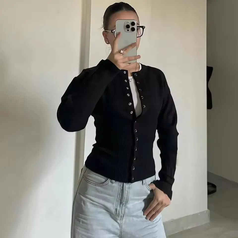 

Женский весенний кардиган с круглым вырезом и пуговицами, повседневный однотонный вязаный свитер, модный уличный короткий топ с высокой талией, женский свитер