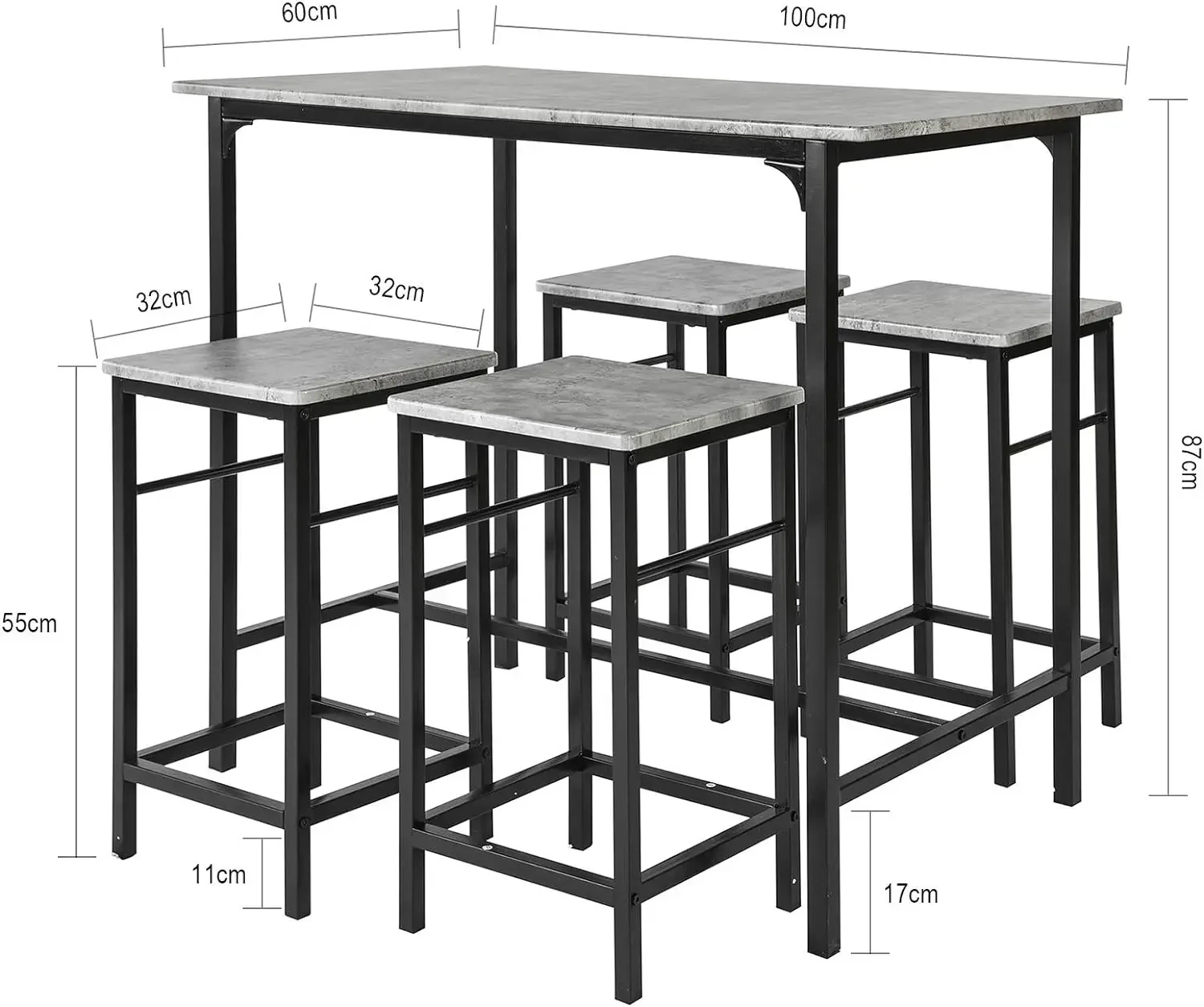 OGT11-HG, 5 Pieces Dining Set for 4, Dining Table with 4 Stools, Home Kitchen Breakfast Table, Bar Table Set, Bar Table