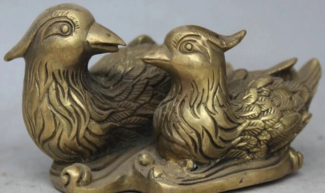 

Chinese Folk Brass 2 aix galericulata Bird Mandarin Duck Lovers Statue Sculpture