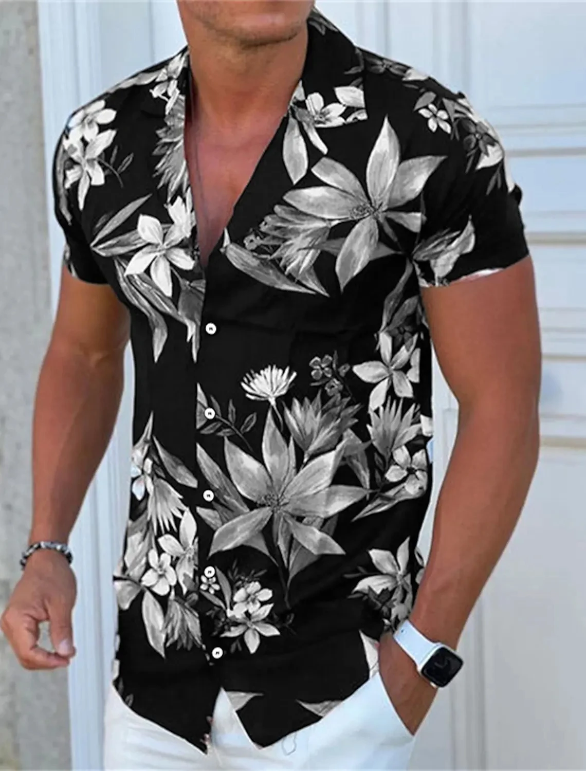 Camisa havaiana com estampa de folhas de bordo masculina, top floral, manga curta, confortável casual, moda rua, novo