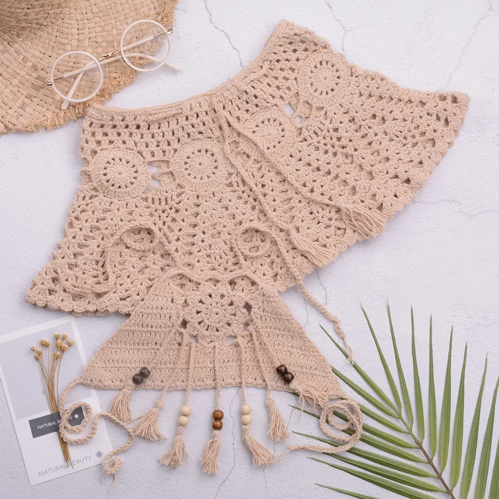 Bikini perlé au crochet fait à la main pour filles, maillot de bain fendu, jupe courte, maillots de bain de plage, collège, bricolage, 2 pièces