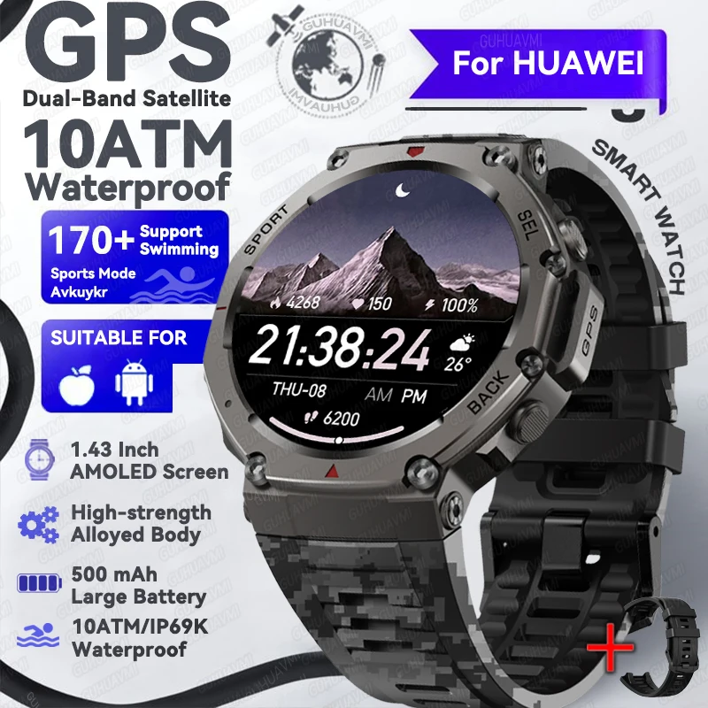 GUHUAVMI Militärische GPS-Smartwatch, 1,43 Zoll AMOLED, voller Touchscreen, 10 ATM/IP69 K, wasserdicht, integrierter GPS-Kompass, 170+, Sport-Smartwatches für Herren 3