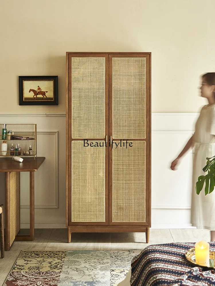 

Retro rattan wardrobe Nordic small apartment bedroom solid wood storage locker wabi-sabi wardrobe