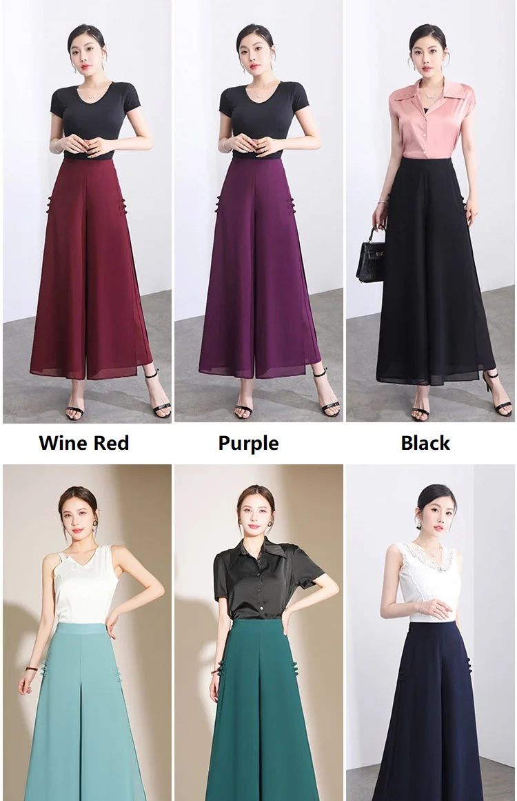 Women Side Slit Chiffon Pants Summer Thin Elastic Waist Wide Leg Pants Chic Droop Trousers Chinese Style Nine Point Pants