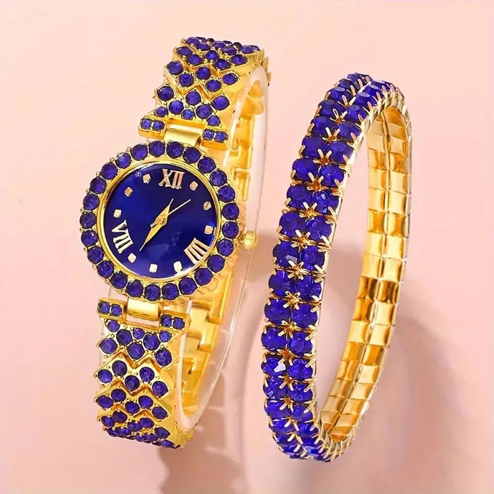 2PCS/Set Of Blue Women's Watches With Minimalist Elements Quartz Watches Blue Alloy Watch Straps Jewelry Sets Gifts For Girls