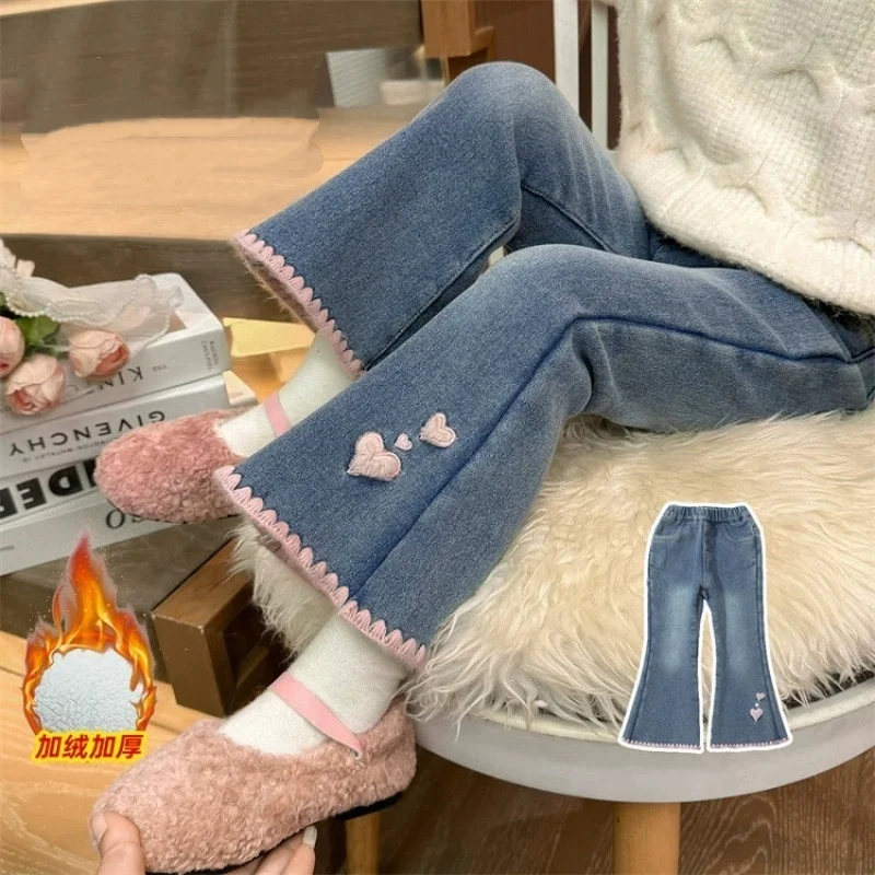 Girls Plus Velvet Jeans 2026 New Winter Style Children's Thickened Velvet Bell-bottom Pants for Girls Fashionable Trousers