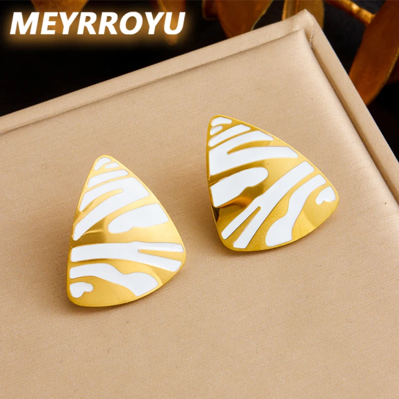 MEYRROYU 316L Stainless Steel White Tiger Stripes Stud Earrings For Women Girls Fashion New Current Ear Jewelry Lady Gift Party