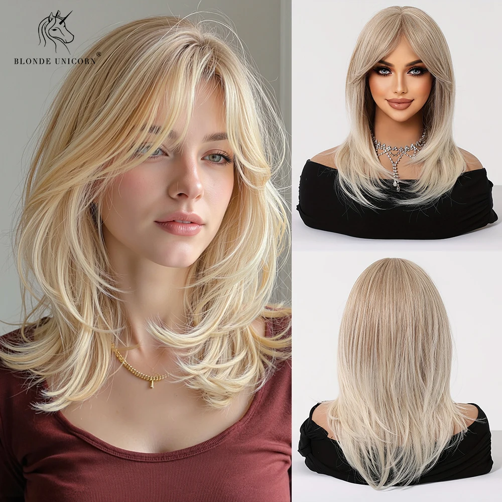 Blonde goldbraune Ombre lange gerade synthetische Perücke für Frauen mit Vorhang-Pony, hitzebeständiges Haar für Frauen, tägliche Party – Detail 8
