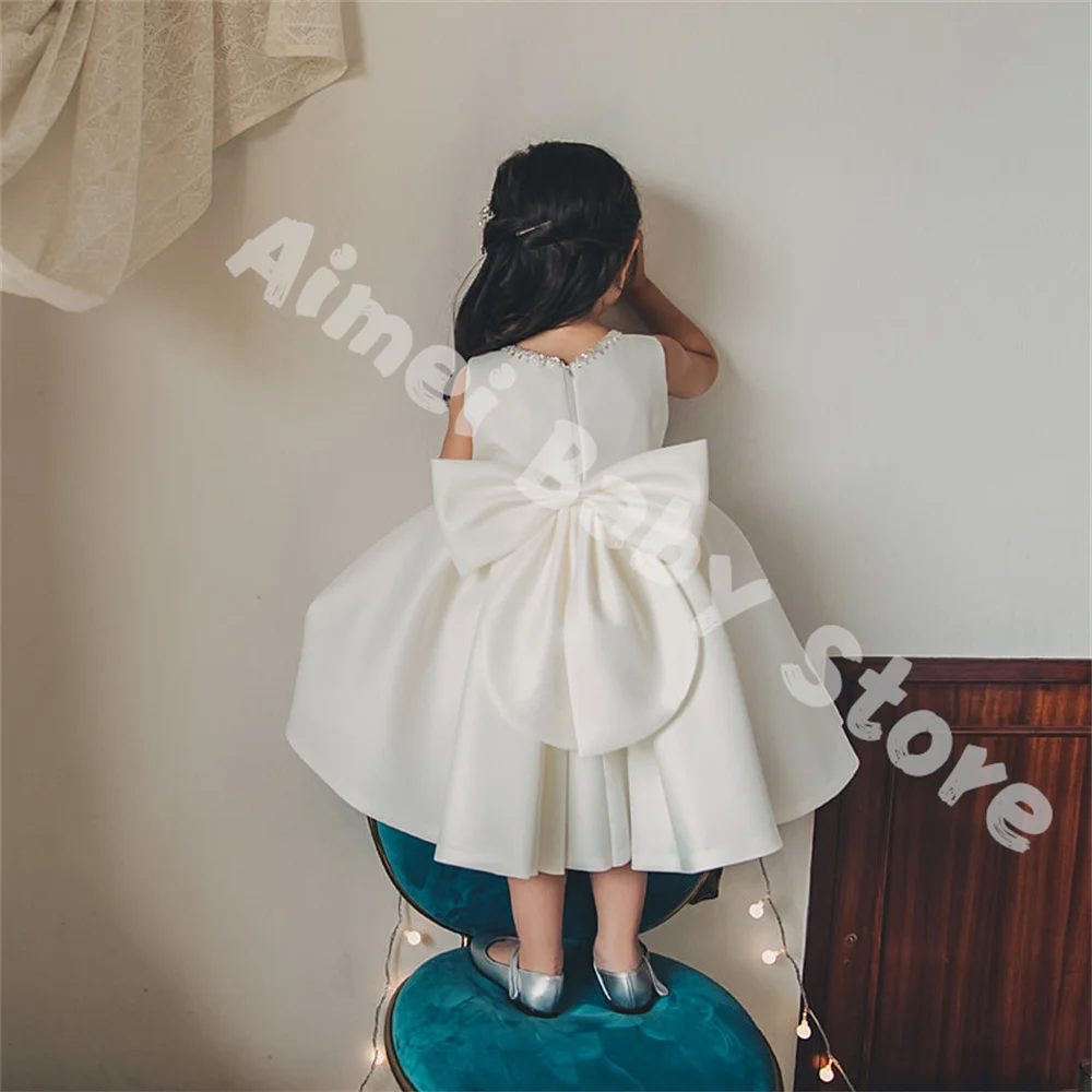 Flower Girl Dresses First Communion Dress White Sleeveless For Weddings Bow Tulle Party Little Girls Pageant Princess Dress