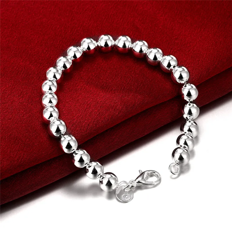 925 Sterling Silver 8MM Smooth Bead Bracelet Women Men Party Wedding Fashion Gift Beautiful Jewelry