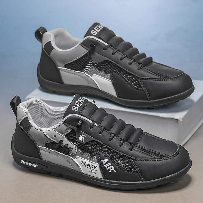 2026 Summer New Retro Men Sneaker Breathable Mesh Leather Slip On Casual Shoes Non-Slip Outdoor Walking Running Sport Trainers