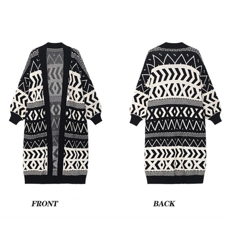 Large Size Retro Warm Print Winter Women\'s Sweater Coat Loose Cardigan Mid Length Knee Knit Casual All-match Korean Style Jacket