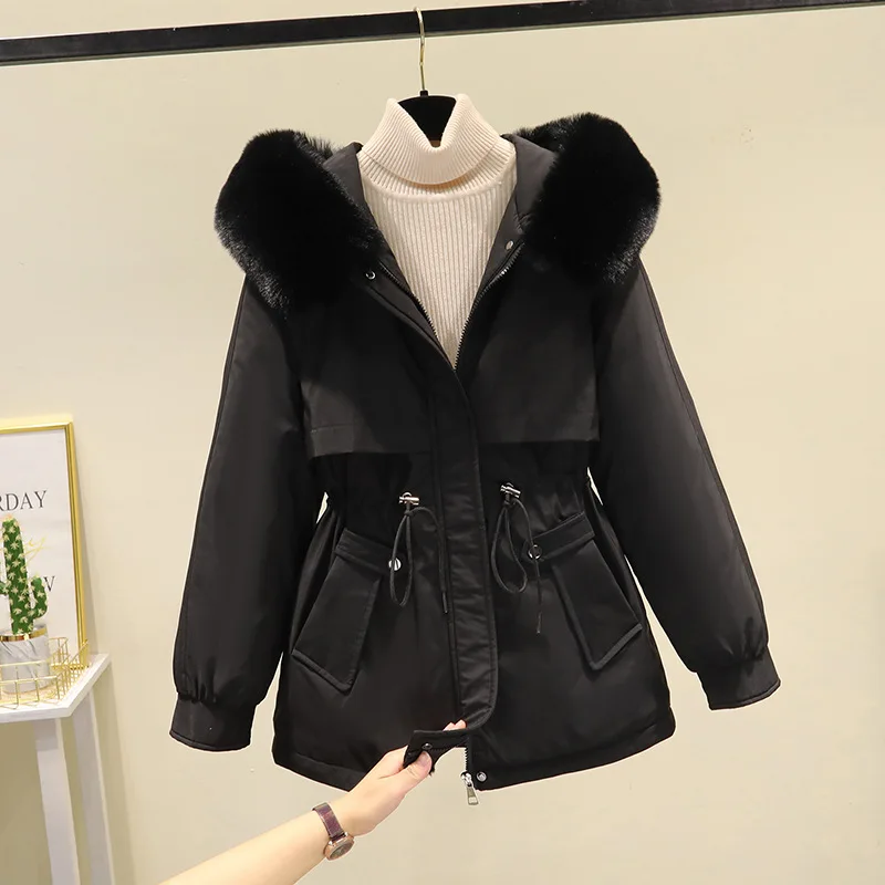 Women Hooded Parkas Coats Mid Lenth Jacket Oversize Solid Fur Collar Drawstring Waist Zipper Loose Elegant Casual Winter 2025