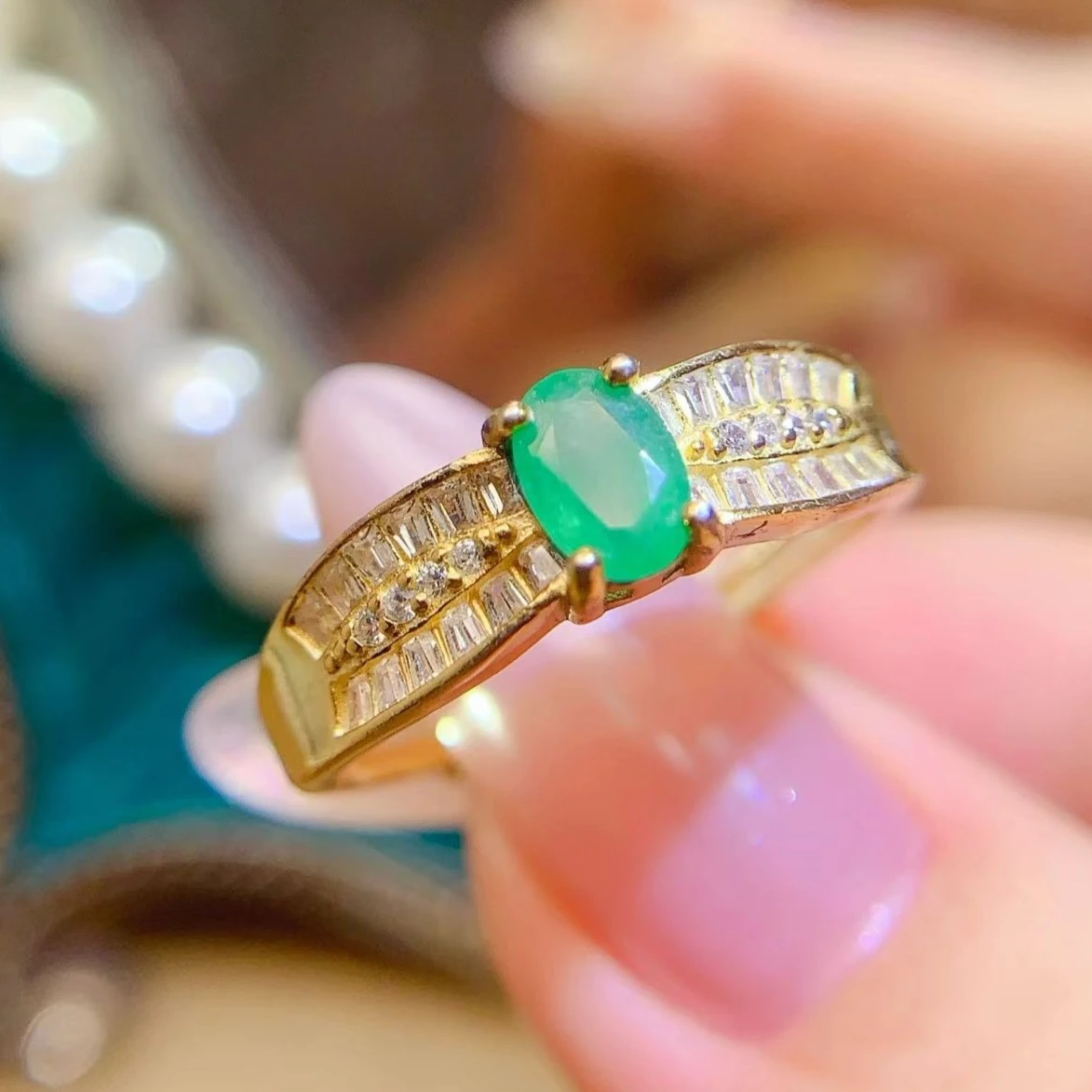 Certified Natural Emerald Ring 925 Silver Exquisite Craftsmanship Gold Plated Oval Baguette Halo Engagement Wedding Band