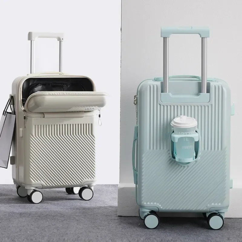 Fashion Front Opening 20 22 24 26 Inch Boarding Suitcase Travel Suitcases with Wheel ABS+PC Rolling Luggage Case with Cup Holder