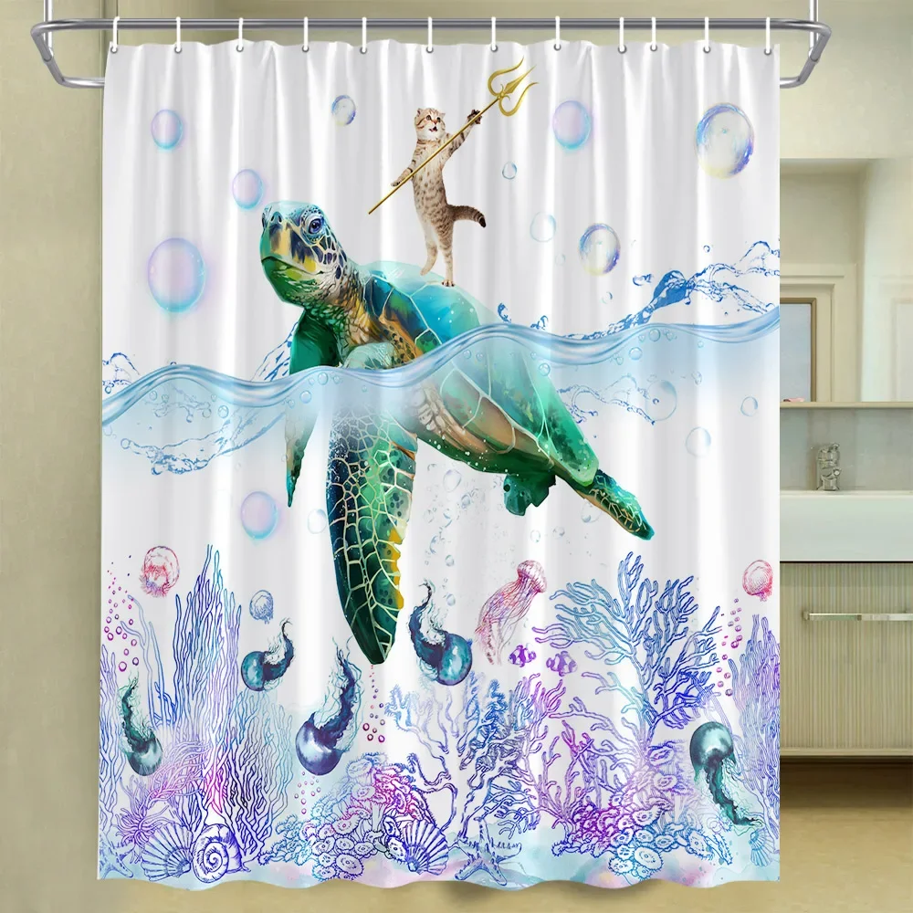 Sea Turtle Shower Curtain Funny Cat Standing Turtle Coral Jellyfish Animal Diving Creative Bath Curtain Bathroom Accessories Set