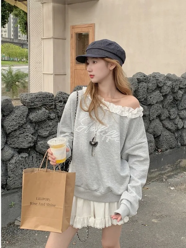 

plus Size Women's Sweet Sle Letter Lace Collar Slope oulder Sweatirt Autumn New Loose Casual Top Trendy High Waist