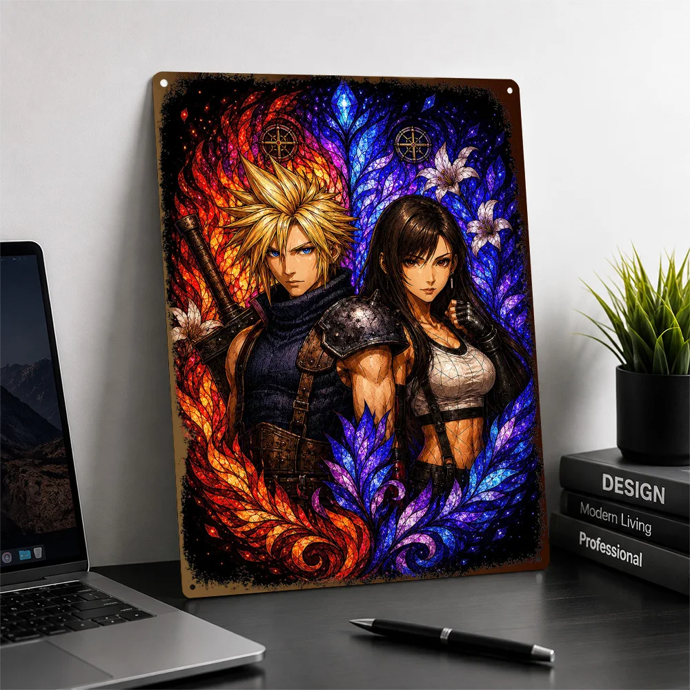 Cloud And Tifa Stained Glass Printed Poster Customized Aluminum Metal Sign Striking Fantasy Hero Wall Art Ideal For Game Rooms