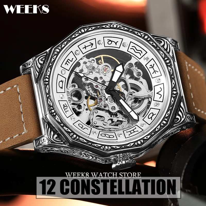 

12 Constellation Automatic Mechanical Watch Men Vintage Skeleton Steampunk Watches Male Hollow Reloj Hombre Relogio Masculino