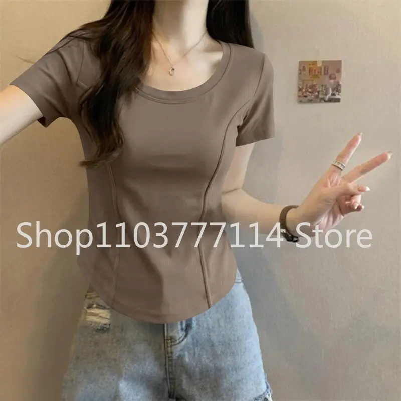 Damen Sommer Kurzarm-Oberteil für Mode Vielseitiges Basis-Shirt Slim Fit Einfarbig Rundhals T-Shirt Lässige und Sexy Kleidung – Detail 8