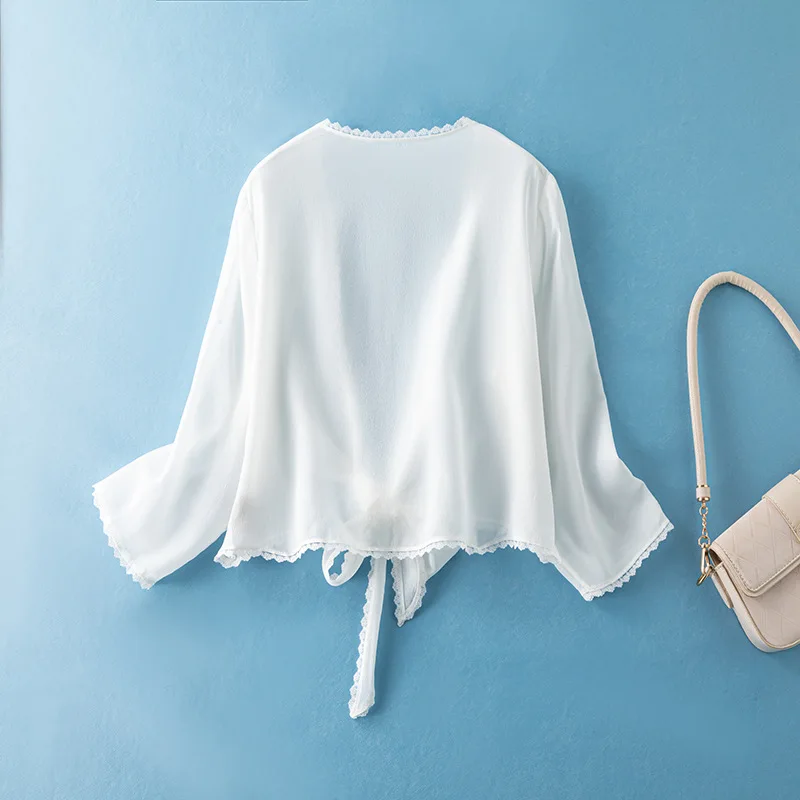 Winsleter-100% Silk Elegant Sunscreen Tops, Long Sleeve Ruffles Lace-up, Women Beach Vacation Short Coat, 2026 Spring C61066CC